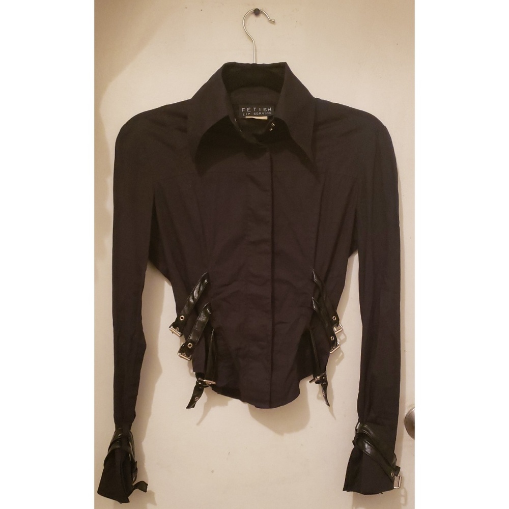 Black Button-down Collared Shirt with Buckles